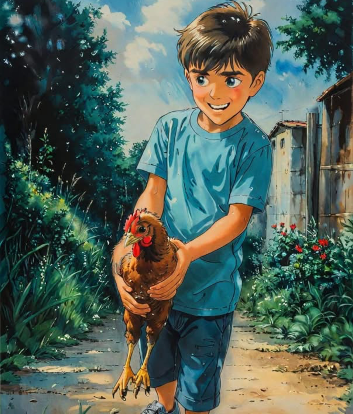 Illustration of JP smiling while holding one of his chickens