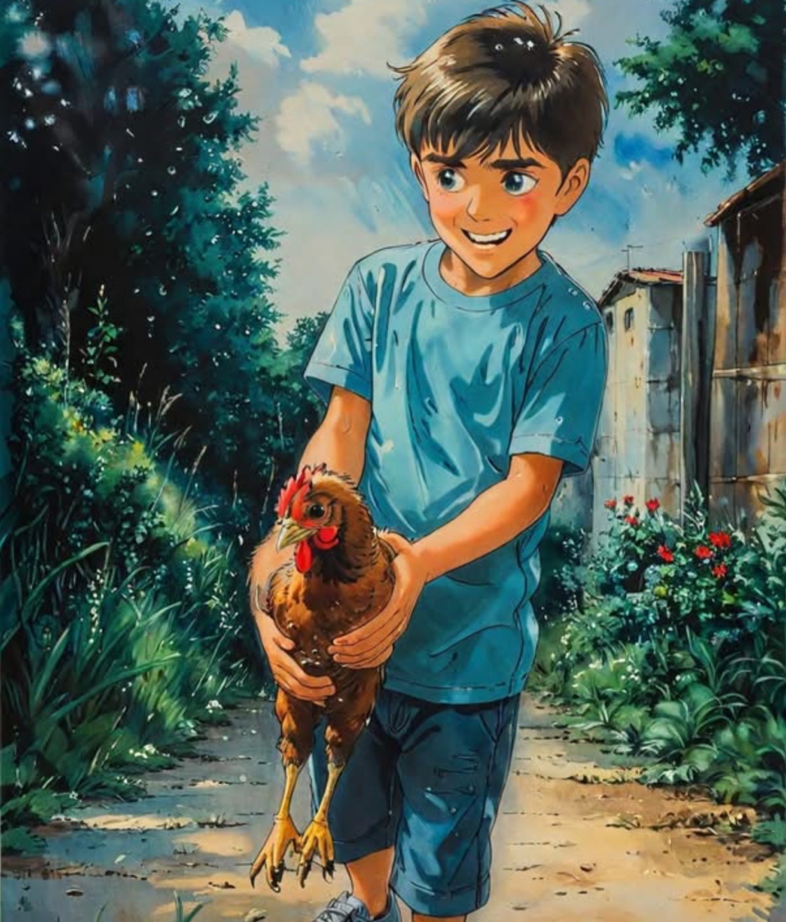 Illustration of JP smiling while holding one of his chickens